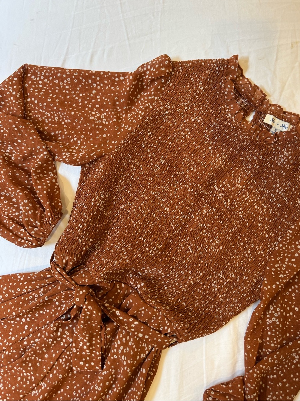 She + Sky Rust Brown Smocked Long-Sleeve Dress with White Dot Print